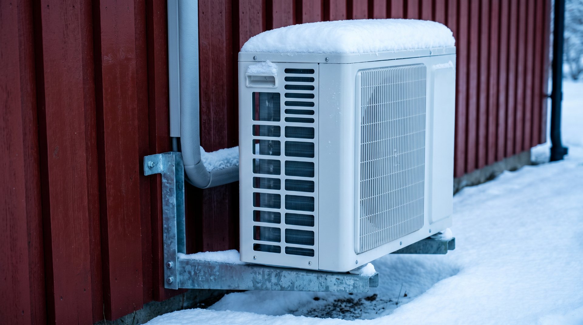 Varmepumpe på vegg i snø
